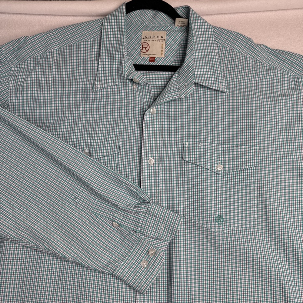 Roper Western Shirt Men's 2XL Teal‎ Purple Plaid Long Sleeve Button Down EUC
